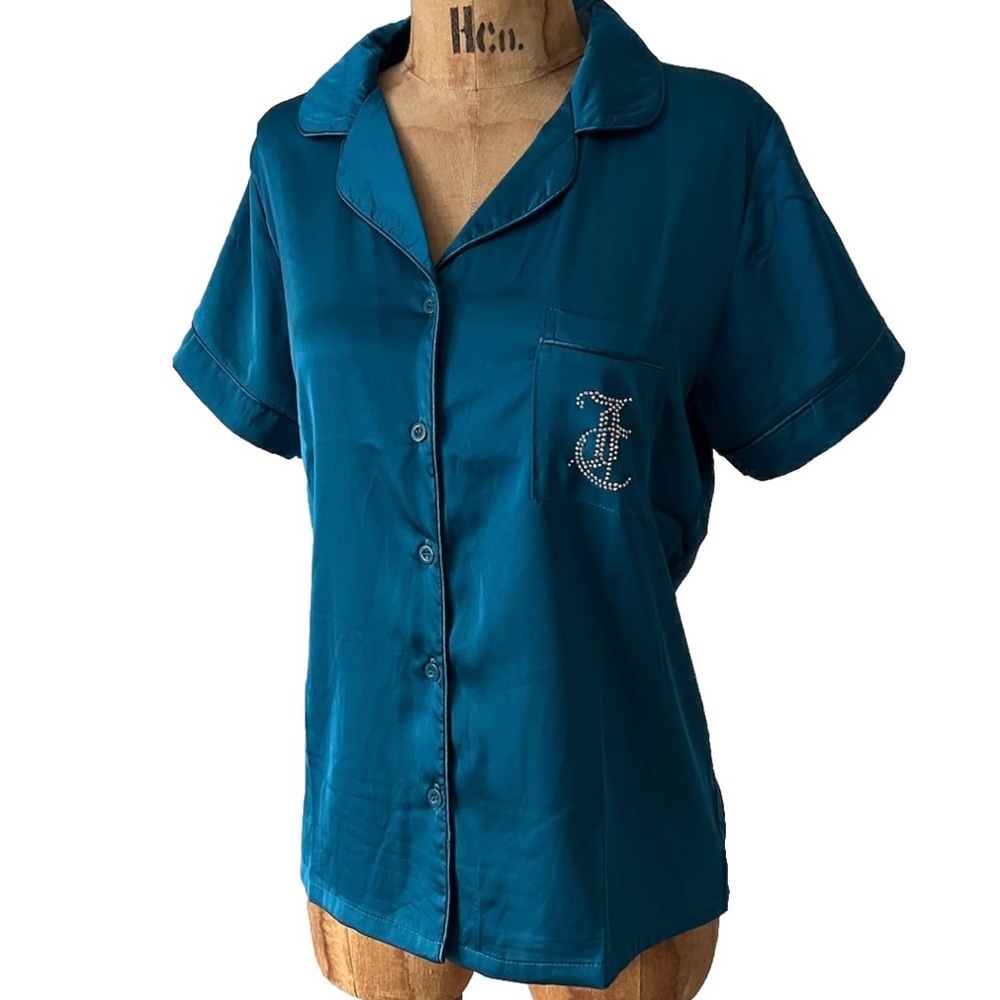 NWT Juicy Couture Satin Teal Rhinestone Logo Button Down Sleep Shirt